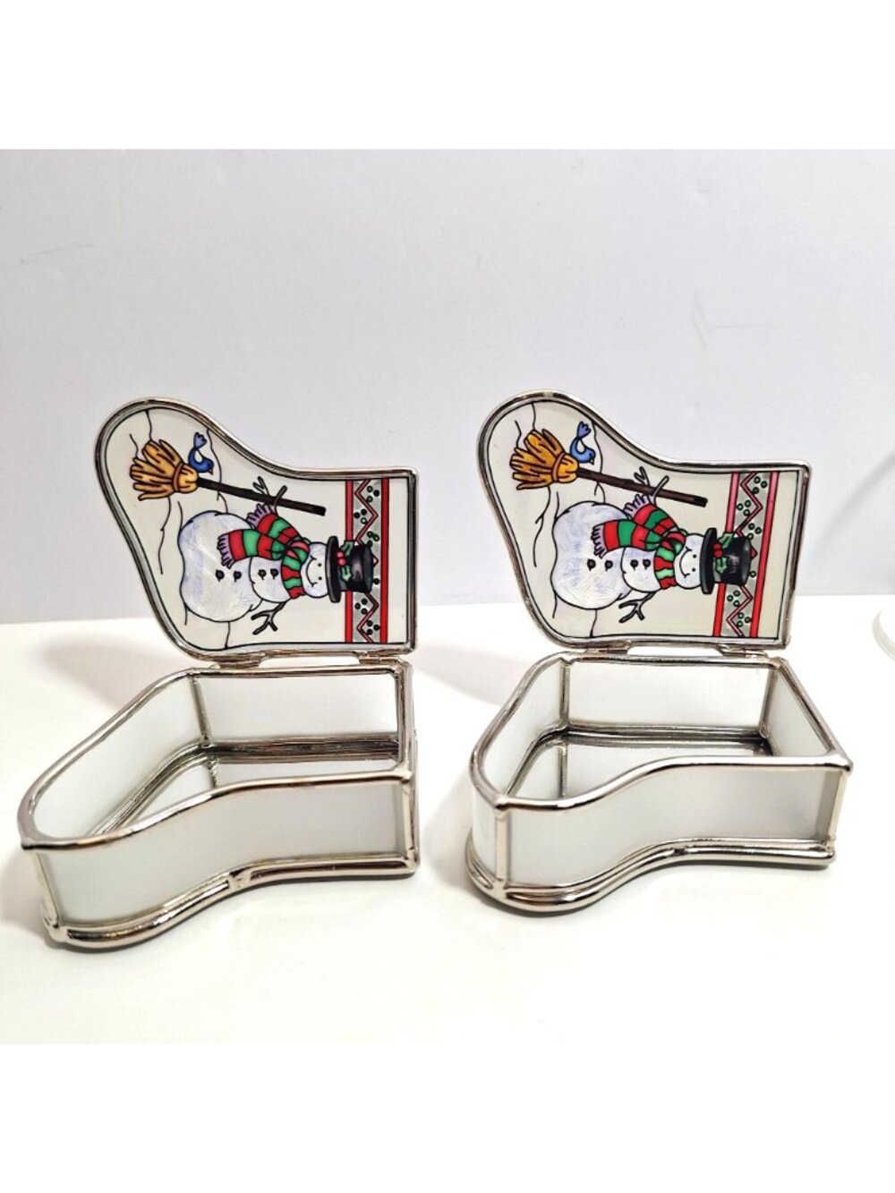 Snowman Stained Glass Mirrored Trinket Boxes Amia Hand Painted Stocking Lot of 2 - Picture 13 of 16